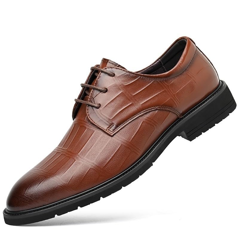 Dress Formal Shoes for Men Lace Up Pointed Burnished Toe PU Leather Derby Shoes Low Top Anti-Slip Rubber Sole Classic