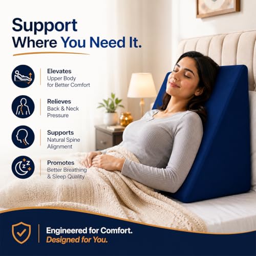 Image of Wedge Pillow for Bed | Back & Neck Support Pillow for Sleeping & Reading | Bed Wedge Pillow for Acid Reflux, Back Pain & Legs Elevation | Pregnancy Support Pillow with Comfortable Foam - Blue