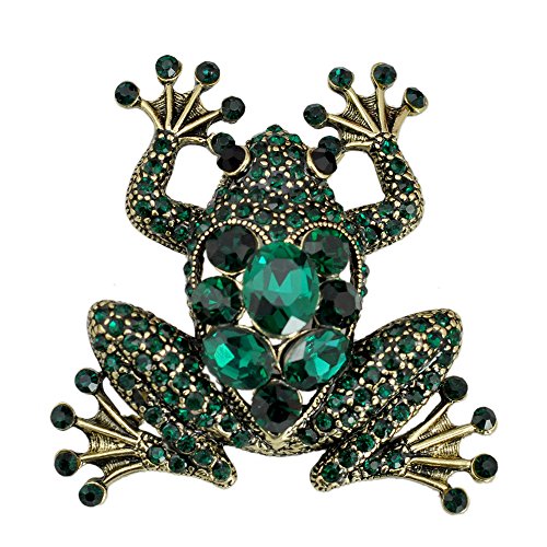 Gyn&Joy Brass Tone Peridot Green Colored Rhinestone Crystal Frog Brooch Pin Vintage Animal Jewelry Bz059 #TOP30