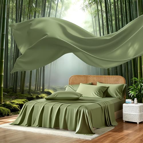 Image of 100% Viscose Derived from Bamboo Sheets Queen Size, Soft & Cooling Viscose from Bamboo Sheets Set, Organically Grown,Breathable & Soft Deep Pocket Up to 18 Inches(Light Green)