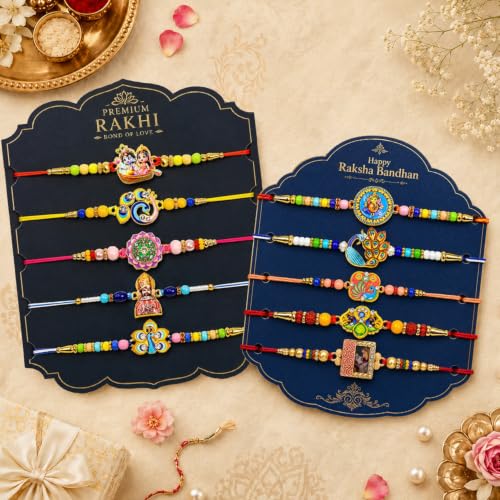 Image of DeoDap Rakhi with Chocolate for Brother - Stylish Multi Design Colorful Rakhi 10 Pcs with Butter Scoth Chocolate (96g) with Silver Color Pooja Coin, Greeting Card & Tilak Set - Traditional Raksha Bandhan Pack