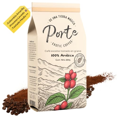 Café de Especialidad en Grano Colombia Amarillo 100% Arábica Natural Tueste Medio Proceso Lavado Notas Cítricas Chocolate Caramelo Cultivo Sombra Sierra Nevada Aroma Intenso Perfil Equilibrado 250g