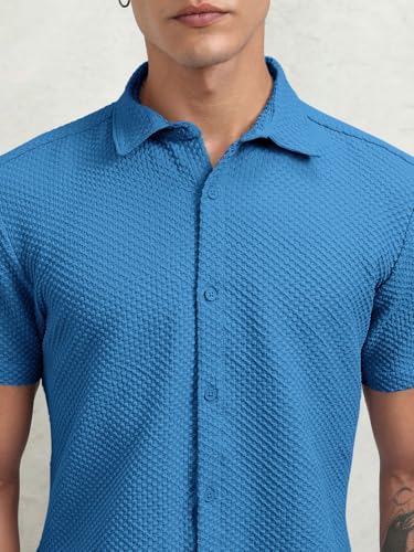 Image of Zombom Men's Poly Cotton Textured Short Sleeve Shirt | Slim Fit Casual Wear | Premium Stretch Fabric | Button Down Collar | Stylish Party Shirt for Men