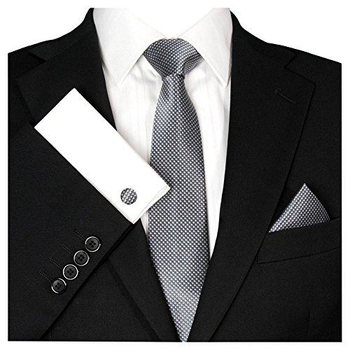 GASSANI Herrenkrawatte Krawatten-Set Dunkel-Graue Karo-Muster, Schmale Skinny Slim Hochzeitskrawatte Herrenschlips Einstecktuch Manschettenknöpfe Cover