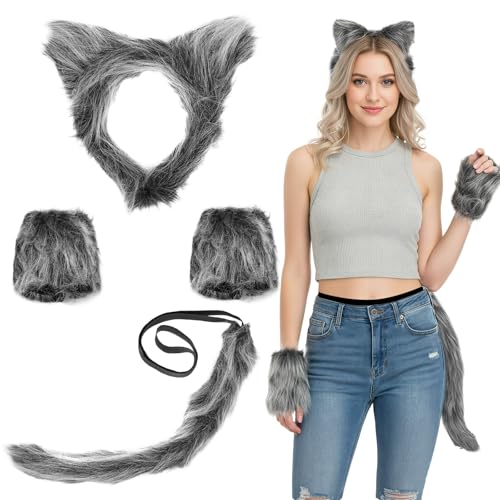 Carreuty 3PCS Wolf Kostüm Ohren Stirnband Schwanz Aus Handschuhe Grau Werwolf Kostüm Set Erwachsene Lustig Faschingskostüme Furry Accessoire Damen Männer für Fasching Karneval Party Cosplay