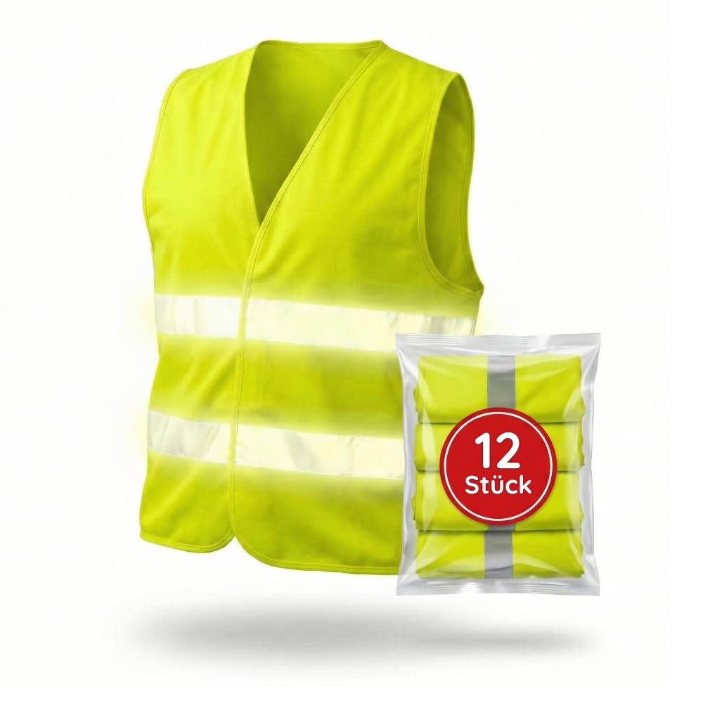 FLEXEO Warnwesten nach EN ISO 20471 | für Auto/Kfz | Erwachsene | Warnschutzweste, Sicherheitsweste für Motorrad, Baustelle | Reflektierende Weste | EU-Norm (12 Stück, Gelb)