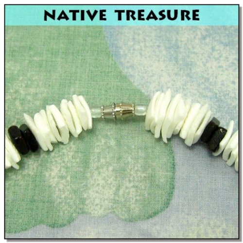 Native Treasure - 16 Inch Small Mens/Womens White Chips Puka Shell Necklace/Choker With Black Chips Accents #TOP4