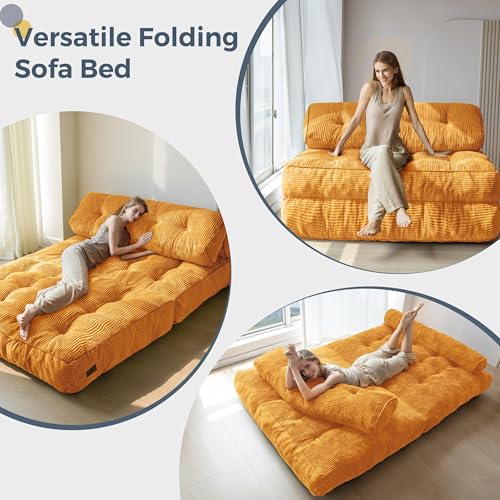 Image of MAXYOYO Folding Sofa Bed, Convertible Chair with Pilow, Portable Fold Out Chair Bed with Back Support Comfy Floor Sofa Lounge for Living Room Bedroom, Orange, Double