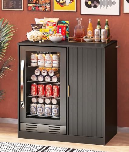 Lamtor Mini Coffee Bar Cabinet with Fridge Space - 37" Snack Bar Cabinet with Power Outlet, Fluted Coffee Station with Storage & Adjustable Shelf for Home Theater, Game Room, Black with Base