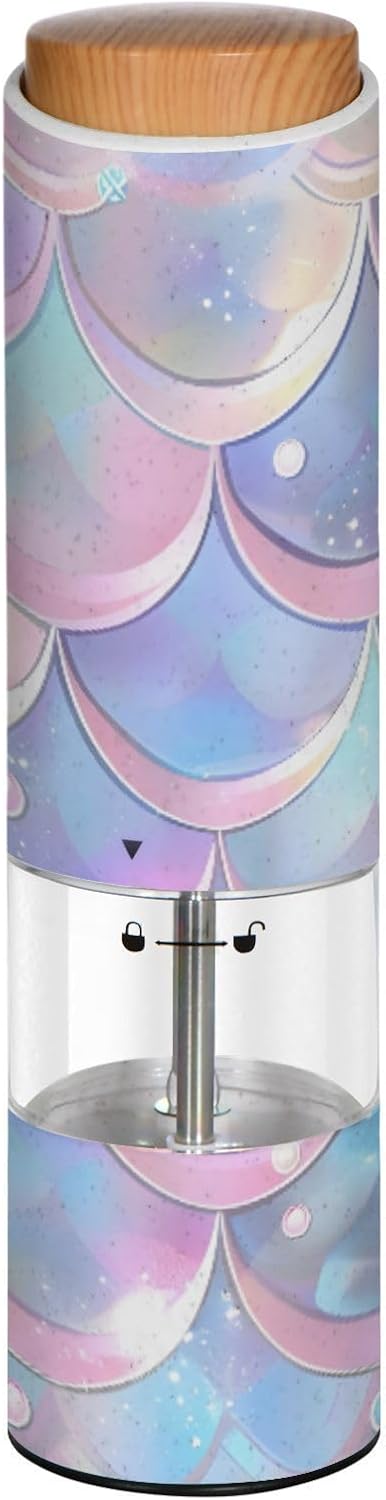 ALAZA Electric Pepper Grinder with Adjustable Coarseness, Pink Purple and Blue Mermaid Scales Battery Automatic Salt and Pepper Mill with Led, One-Handed Operation Spice Grinder for Kitchen, Camping &