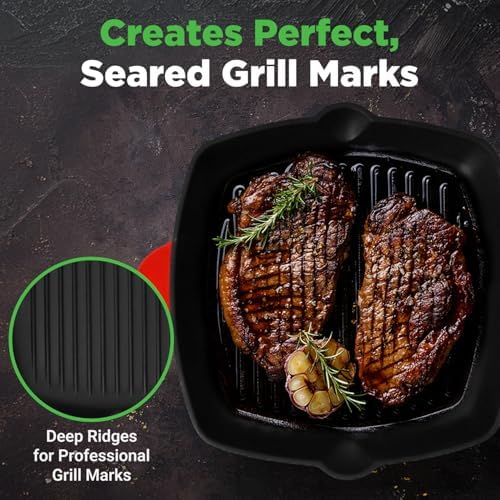 NutriChef 11" Enameled Cast Iron Steak Grill Pan - Square Skillet with Drip Spout, For All Cooktops, Perfect Grill Marks - NCCIES47 - Thumbnail 2