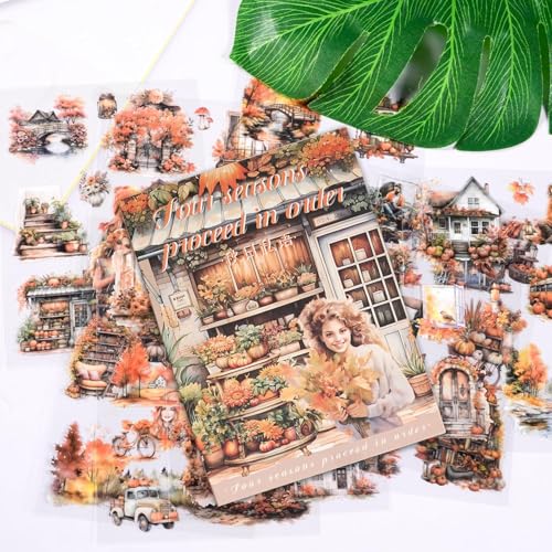 Image of Jaravik Seasons Theme Vintage Aesthetic Sticker Book - 20 Sheets Seasonal Scrapbook Stickers | | Cottagecore Planner & DIY Craft Supplies Scrapbooking Stickers (Autumn)