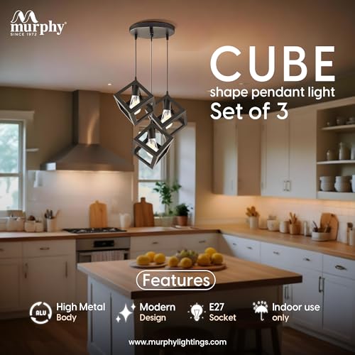 Image of Murphy Metal Cube Shape Pendant Light with Bulb -Set of 3, Pack of 2|Hanging Ceiling Light with Braided Cord|Decorative Chandelier for Home, Living Room, Indoor, Outdoor&Bar|Jhumar Lighting (Black)