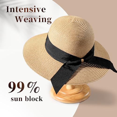 Image of Beach Hats for Women - Sun Hat Womens, Wide Brim Straw Womens Sun Hat with Wind Lanyard Roll Up Foldable UV Protection