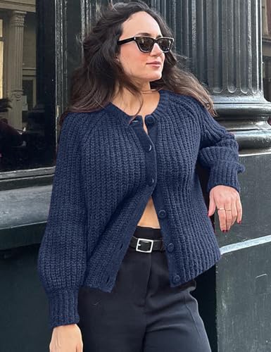 Image of COZYPOIN Women Chunky Cardigan Open Front Sweater Long Sleeve Knitted Cardigan Button Down Outerwear Knitwear Navy