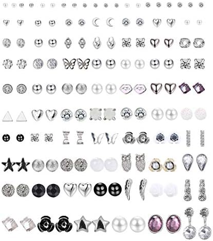 Jstyle 72 Pairs Assorted Multiple Stud Earrings for Women Simple Cute Ball Triangle CZ Earrings Set Silver-Tone