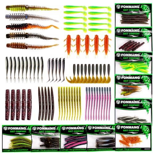 FONMANG 75Pcs Fishing Lures,Soft Plastic Bait Worms,Craws,Paddle Tail Swimbait,Grubs,jeakbait,Ned Rig Bait,Fishing Lure Kit for Bass, Trout, Walleye Freshwater & Saltwater