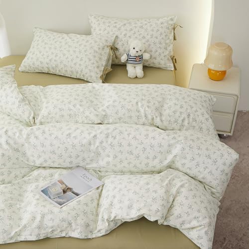 Image of Full Size Comforter Set Vintage Floral Comforter Bedding Set, Aesthetic Coquette Botanical Green Flowers Comforter with 2 Bow Ties Pillowcases, Lightweight Cottagecore Comforter Set for All Season
