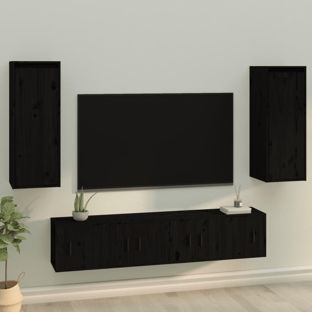 Black Solid Pine Wood Floating Wall Cabinets, Set of 2 | Measuring 30x30x80 cm, these wall-mounted units organize books and decor in your living room, hallway, or media center.