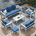 AECOJOY Aluminum Patio Furniture Set, Modern Outdoor Patio Furniture with Coffee Table, 7 Pieces Outdoor Conversation Set with Blue Cushions for Balcony, Porch, Lawn and Yard
