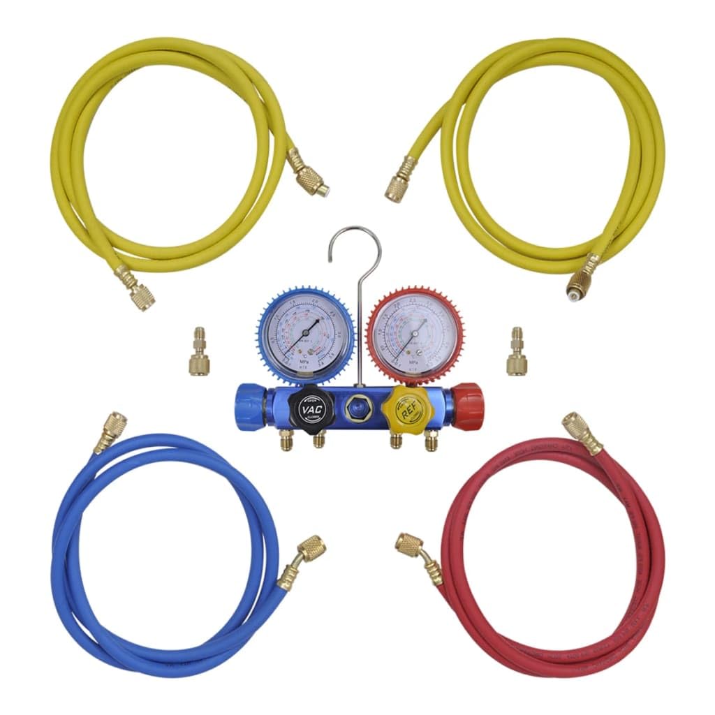 Vakuumpumpe Einstufig Mit 4-Wege-Manometer Set | Aluminiumgehäuse, Ölschauglas, Kühlanlagen Reparatur, Klimaanlagen Befüllung, Tragegriff
