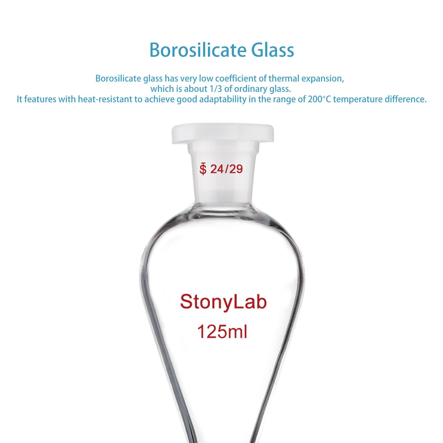 stonylab Embudo de Separación con Llave de Paso de Vidrio, Embudo de Borosilicato con Junta 24/29 para Separación Precisa de Líquidos en Laboratorio, 125 ml