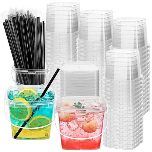 Sunnychicc 100 Pcs 17 oz Square Clear Drink Buckets with Lids and Straws Reusable Plastic Bucket Cups with Handle for Ice Cream Coffee Cocktail Large Food Safe Party Cup for Pool Beach Bar Birthday