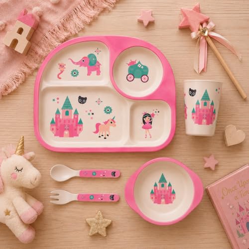 Image of Bamboo Kids Feeding Set of 5| Kids Crockery Set Tableware |Baby Utensils and Dishes Set | Eco-Friendly |Organic & Natural (Princess' Castle)