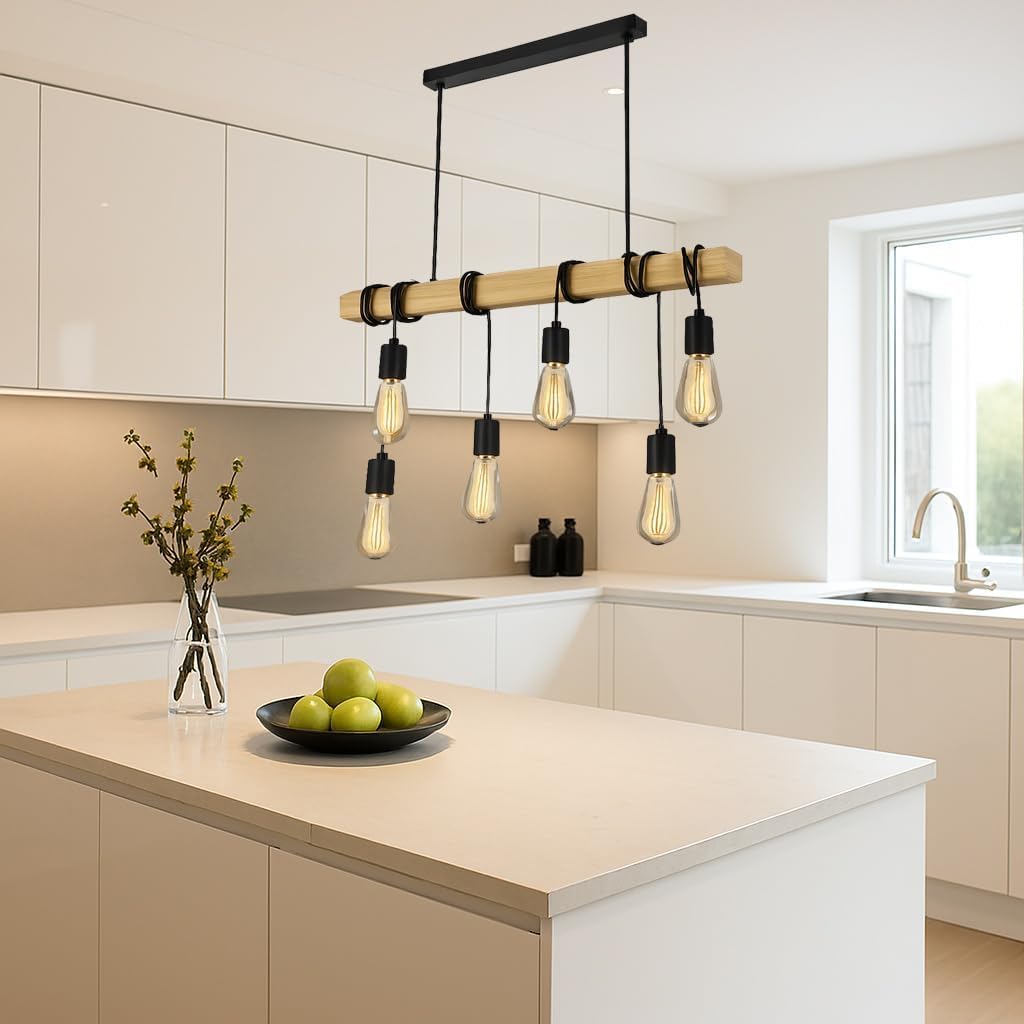 Lampada Sospesa a Soffitto con Paralume in Legno, Lampadario Design Industriale/Scandinavo con Attacco E27, per Cucina Isola Tavolo Bar, 110-240V, (Lampadina Non Inclusa) B47-6