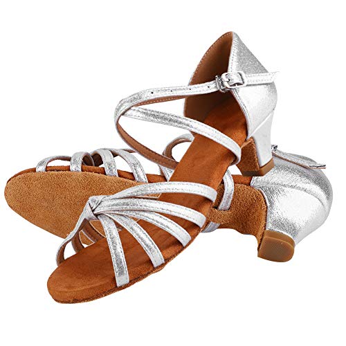 Zapatos de baile latino para niños suaves cómodos zapatos de baile de moda con 4 cm Elegante talón dorado plata Tamaño 28-36 (36)