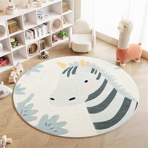 YATOLA Redonda Alfombras Lavable para Habitación Salón Cama Dormitorio Antideslizante Niños Crema Alfombra Juego Ultrasuave Infantil con Animale León Caballo Crawling Floor Mat (Crema 2, 100x100cm)