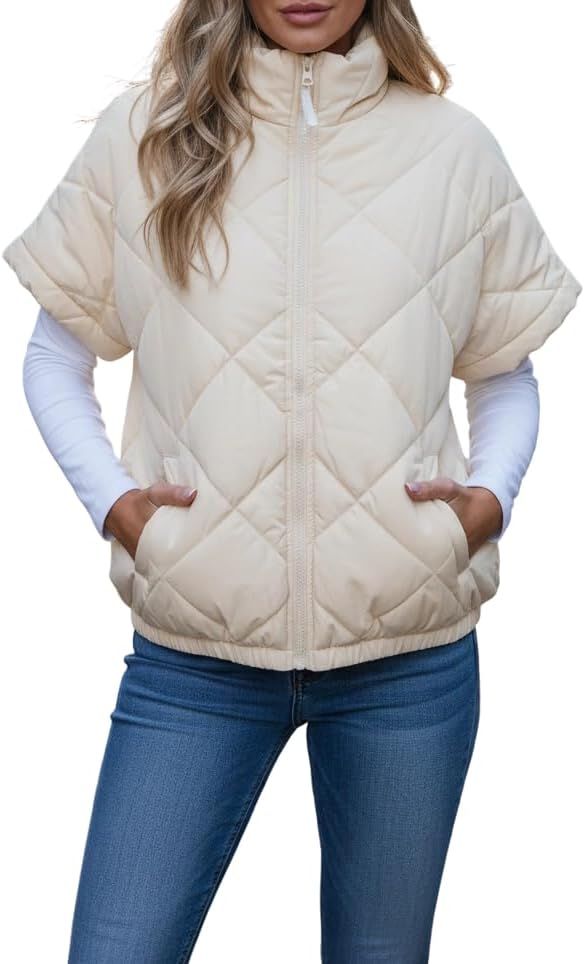 Women's Quilted Zip Up Vest Jacket, Short Sleeve Lightweight Padded Outerwear with Pockets for Chic Daily Fall Styling