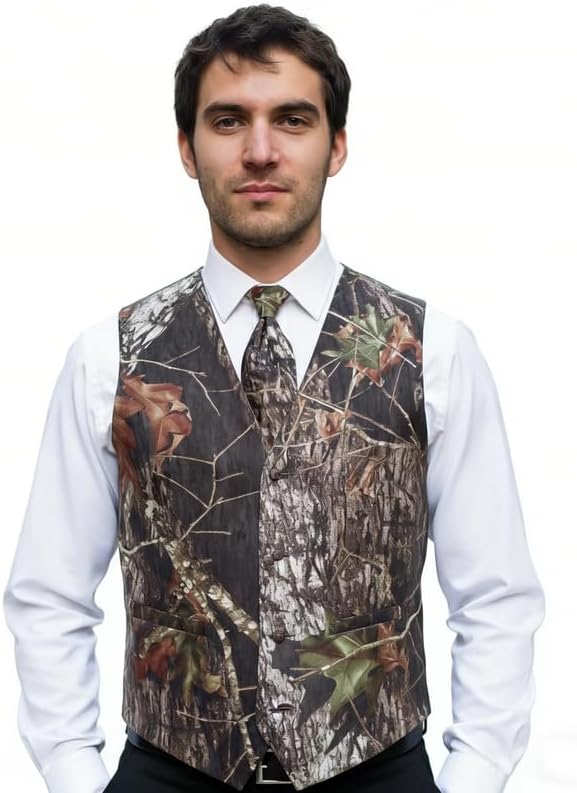 Mens 2 Piece 4 Button Vests Outerwear Camouflage Color (Vest+Tie)