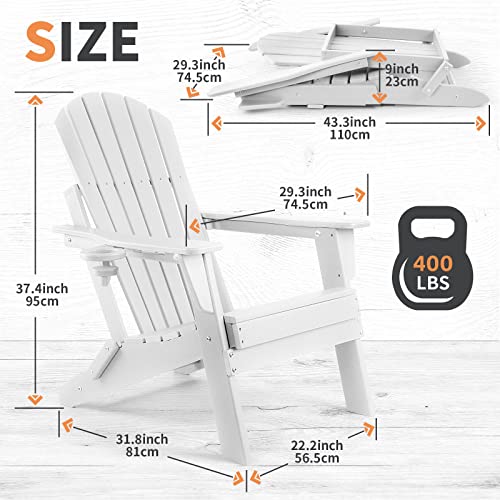 Funberry Folding Adirondack Chair Set Of 2, Fire Pit Chairs, Plastic Adirondack Chairs Weather Resistant With Cup Holder, Composite Adirondack Chairs, White #TOP2
