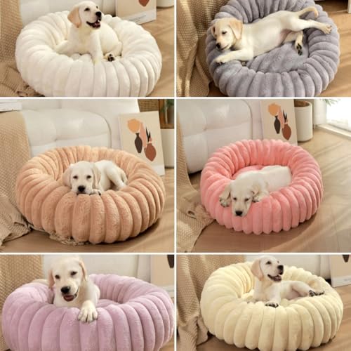 Donut Hundebett für kleine und mittelgroße Hunde, waschbares Kunstfell mit Cord-Fleece und rutschfester Unterseite, rundes Haustierbett mit abnehmbarem Bezug, Beige, L - 80 cm