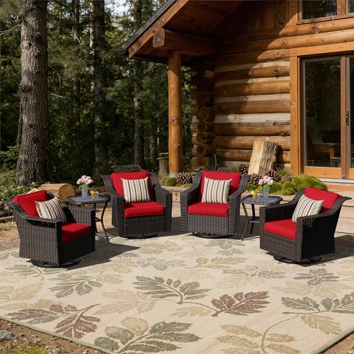 Image of 6 Piece Patio Furniture Set, Wicker Outdoor Conversation Set | Patio Chair Set with Olefin Removable Cushion, All-Weather Glider Swivel Chair Set with Deep Seat for Porch, Deck, Red