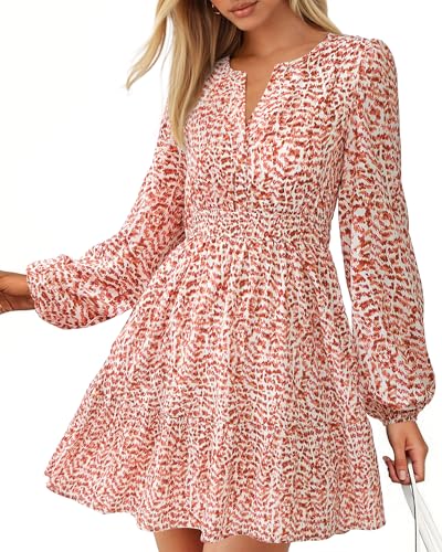 BTFBM Fall Dresses for Women 2025 V Neck Long Sleeve Elastic Waist Boho Beach Vacation Clothes Floral Mini Summer Dress