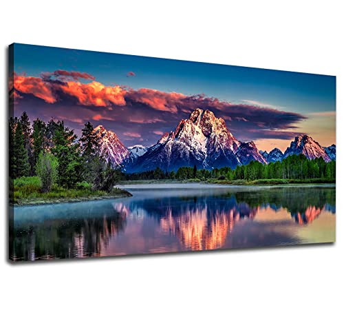 Sunset Landscape Canvas Wall Art For Living Room Wall Decor Snow Mountain Forest River Nautre Canvas Picture Prints Artwork Bedroom Bathroom Office Home Decor Framed Ready To Hang 20" X 40" #TOP14