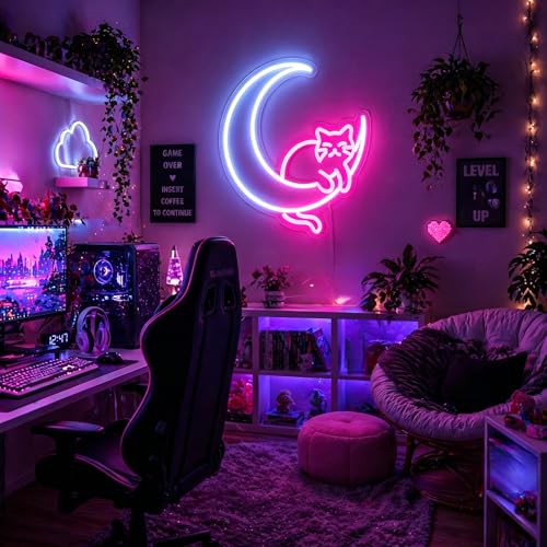 Image of Pink&White Neon Sign Led Neon Lights Signs for Wall Decor USB Powered Led Signs for Room Decoration-Moon Cat