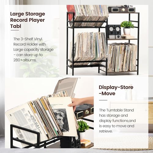 Record Player Stand with Vinyl Storage, 3-Tier Record Player Table Storage Up to 240 Albums, Large Turntable Stand Holds with Metal Frame, Record Cabinet for Living Room with Vinyl Record Holder