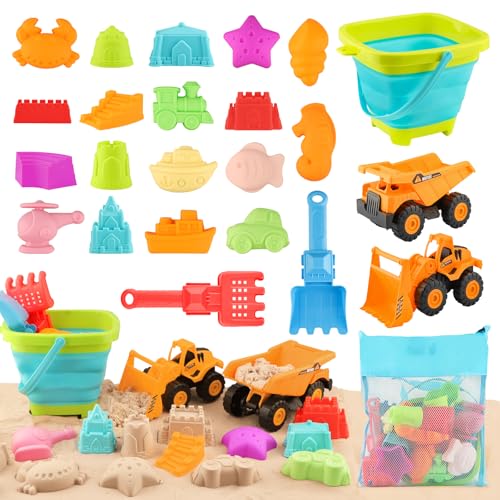 SHAINE 24pcs Beach Sand Toys Set, Sand Pit Toys With Collapsible Bucket Excavator Net Bag, Travel Sandbox Toy Sand Mold Shovel for Boys Girls