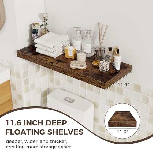 Image of Fun Memories 12 Deep Floating Shelves for Wall | 30W x 12D Large Floating Shelves | 2 Pack Storage Space Wall Mount Shelf for Living Room Bathroom Toilet Laundry Room Kitchen Home Office - Brown