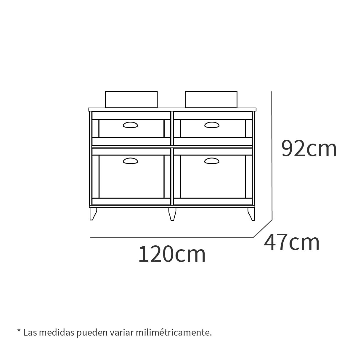 MUEBLES PITARCH | Mueble de Baño Doble con Lavabos cerámicos Incluido, 120cm Ancho, con Patas, Cajones guías Cierre Suave, 2 Puertas, Blanco y Roble Cambrian, Estilo Vintage Modelo Toscana
