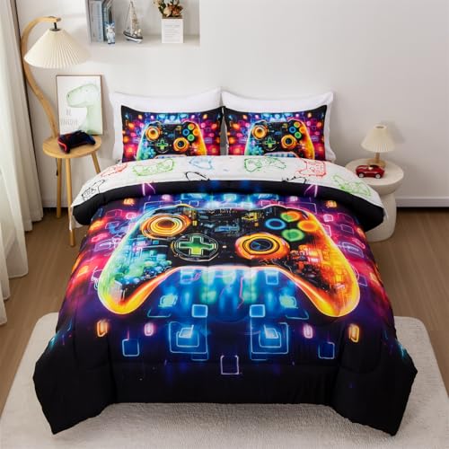 Aimuan Gamer Gaming Bedding Sets 3D Gamepad Comforter Sets for Boys Games Console Action Buttons Novelty Colorful Game Controller Modern Room Decor Home Quilt Set (Black-Blue, Twin)