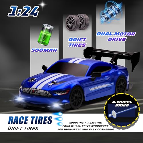 Image of 1:24 Scale RC Drift Car,4WD 2.4GHz High Speed Racing Hobby Sport Toy Car Vehicle with LED Lights,Racing and Drift Wheels for Adult Boys Girls Kids Gift (8602-Blue)