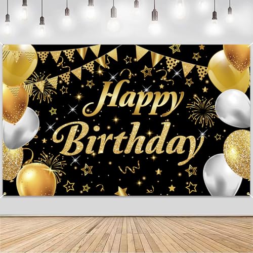 Image of Happy Birthday Banner - Decorations for Men Women Party Welcome Background Sign, Indoor Outdoor (Gold-A)