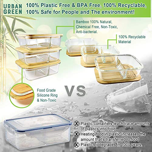 Glass Containers Bamboo Lids, Urban Green, Meal Prep Containers, Glass Food Storage Containers, 2 Compartments, Pantry And Kitchen Organizer, Lunch Bento Box, Microwave-Freezer-Oven Safe, Set Of 3, #TOP2