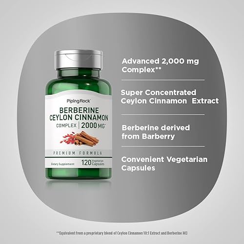 Miniatura 4 de Piping Rock Suplemento de canela de berberina y Ceilán 2000 mg | 120 cápsulas | Complejo vegetariano premium | Píldoras sin OMG, sin gluten