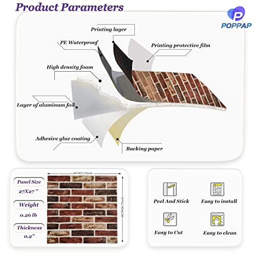 Poppap 3D Wallpaper Faux Brick Wall Panels 52.5 Sqft. Peel And Stick 3D Wall Panel, Red Brown Brick Backsplash Wall Panels For Kitchen Livingroom Fireplace Wall Covering - 10 Panels #TOP2
