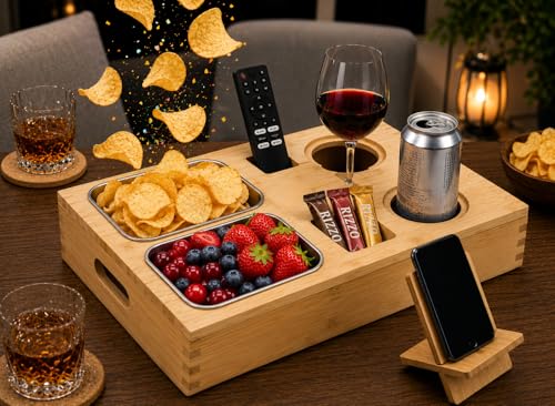 Zedelmaier Couchbar Snackbox aus Bambus Couch Bar Snackbar mit 2 Snackschalen 2 Getränkehalter mit Untersetzer Handyhalterung Sofatablett Snackbox mit Fächern für Sofa Bett Camping (Bambus)